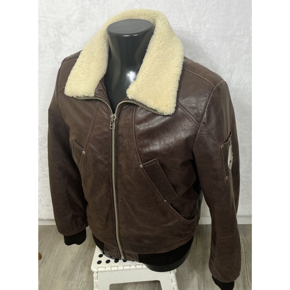 Moose Knuckles Men's Leather Bomber Jacket Shearling Collar Brown Size Large